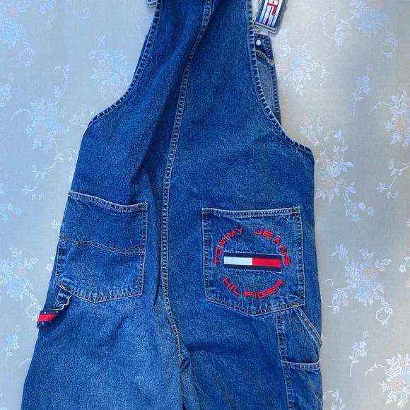 Vintage Tommy Hilfiger Bib Overall Shorts sizeL CARPENTERLOOP Logo Straps Jeans